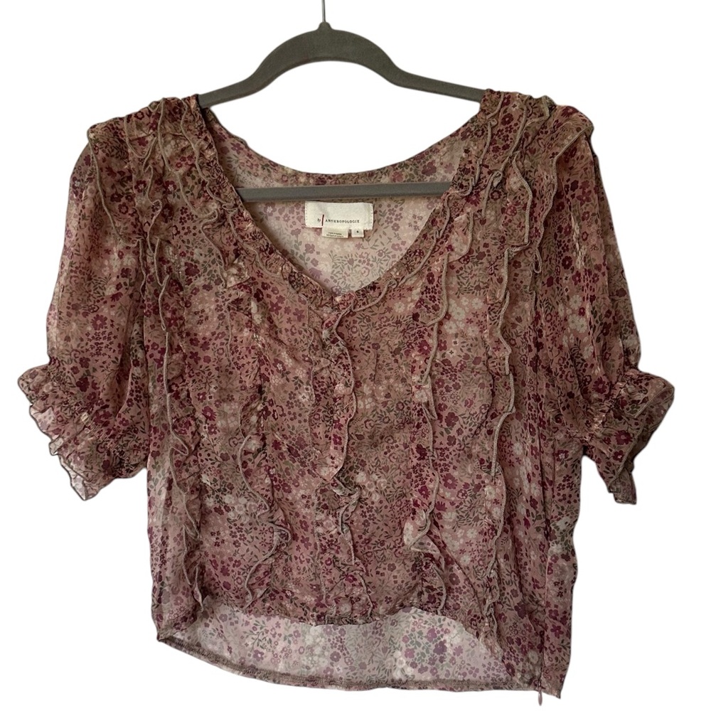 Anthropologie Floral Beige Purple Chiffon Ruffle Voile Crop Top Size Small